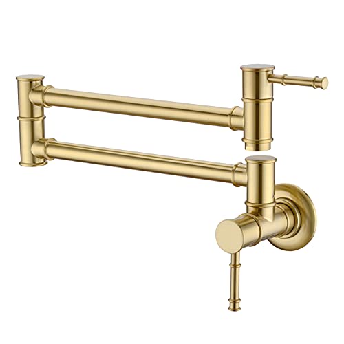 GICASA Pot Filler Faucet Wall Mounted, Double Joint Swing Arm Single Hole Pot Filler Faucet Brushed Gold, Two Handles Brass Folding Stretchable Kitchen Faucet Pot Filler