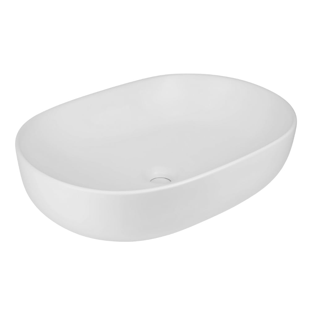 Lavabo Da Appoggio Ceramica Bianco Ovale Arredo Bagno Lavandino 60x40x15 Cm Con Foro Scarico Centrale (Opaco)