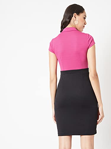 Image of Miss Chase Women's Magenta & Black Collared Short Sleeves Solid Bodycon Mini Dress