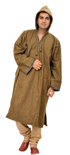 Image of Exotic India Men's Woolen Blend Kashmiri Phiran with Hood | Pure Wool Long Overcoat-Oversized Phiran for Men