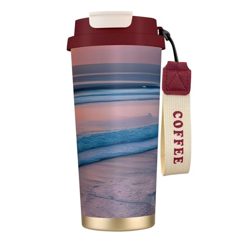 Unkhtt Kaffeebecher mit Sonnenuntergang-Strand-Aufdruck, Edelstahl, Reisebecher, Behälter für Büro, Schule, Outdoor, Camping
