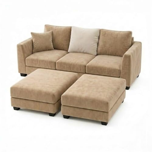 Image of SOCOZI Trevano 5 Seater L Shape Sofa Set with 2 Movable Ottomans | Flexible Layout| Soft Velvet Suede Fabric|Modern Sofa | Plush Comfort Cushions for Living Room (Beige-Cream)
