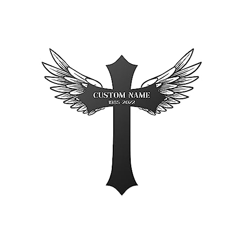 Human Grave Marker Personalized, Metal Memorial Plaques, Cross Remembrance Stake for Outdoors, Loss of Loved One Stake, Temporary Plaques for Cemetery, Cross with Wings