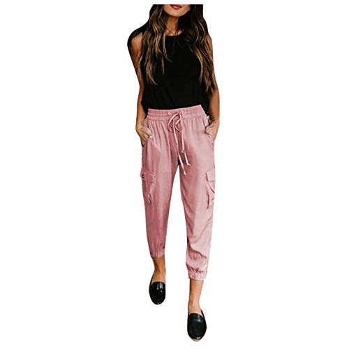 OutTop Cargo Pants for Women Casual Relaxed Fit Elastic Waist Drawstring Sweatpants Cuffed Crop Pants Joggers w/Pockets (Pink, M)