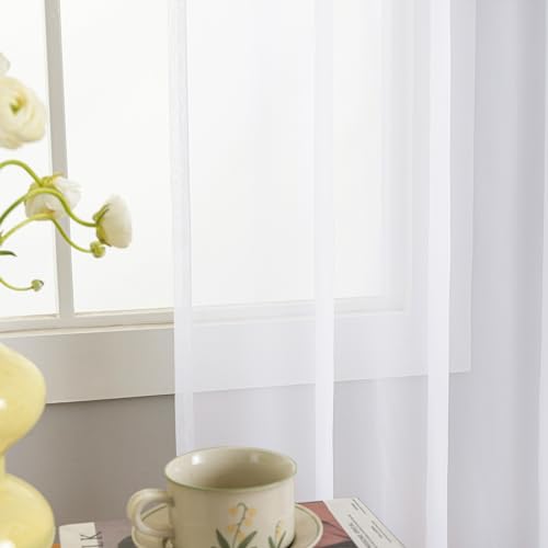 Image of Sheer White Curtains, Sheer Curtains 63 inch Length 2 Panels Set, Rod Pocket Voile Fimly Sheer Drapes for Living Room /Bedroom, Light Filtering Curtain for Small Window 2pcs, Each 52 inch W x 63 inch L