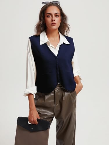 Image of Wowcarbazole Women's Cropped Sweater Vest Sleeveless V Neck Button Down Casual Knit Cardigan Vest Trendy Knitted Tank Tops
