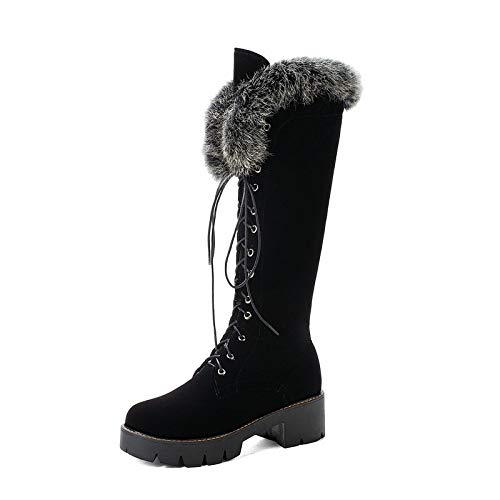 Womens Winter Warm Furry Mid Calf Snow Boots Plush Fur Lined Suede Lace Up Round Toe Chunky Fuzzy
