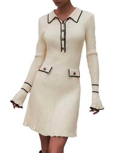 Women Elegant Knitted Mini Dress High Waist Ruffled Rib Long Sleeve Winter Banquet Dress