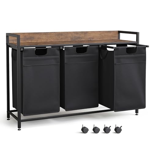 Mondeer Panier à linge 3 Compartiment, Corbeille à Linge Sale, Bacs à Linge avec Cadre Métallique et Pochette de Rangement pour Chambre à Coucher Salle de...