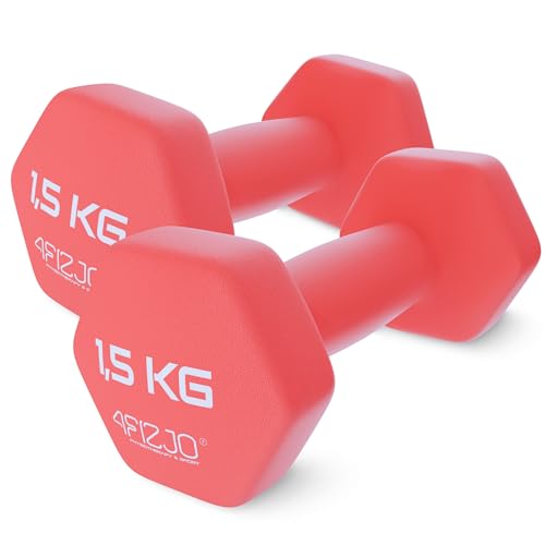 4FIZJO 2 x 1,5kg Kurzhantel aus Guss mit Vinyl-Überzug, Hantel-Set für Männer, Frauen und Senioren, Fitnessstudio, Krafttraining, Fitness-Training, Gymnastik, rot