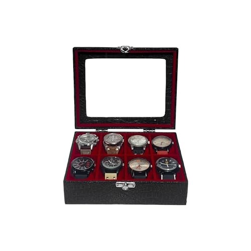 Estojo Para 8 Relógios Com Vidro Preto Com Interno Aveludado Vermelho Caixa Maleta Porta Relógio