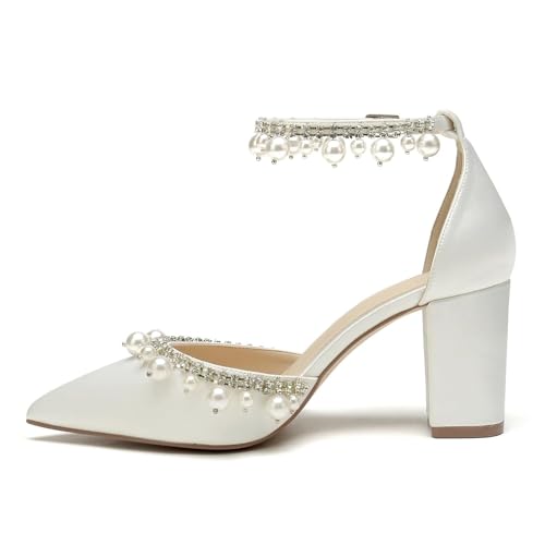 Women's Satin Closed Pointed Toe High Heels Wedding Shoes for Bride with Ankle Strap Rhinestone Chunky Heels Formal Evening Prom Party Dress Shoes Pumps4