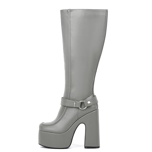 Womens Platform Knee High Boots High Chunky Heel Sexy Round Toe Side Zipper Punk Rock Boots for Party