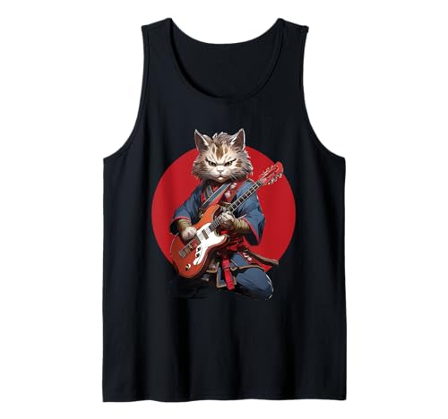 Gato Samurai Tocando Guitarra Eléctrica Jap Camiseta sin Mangas