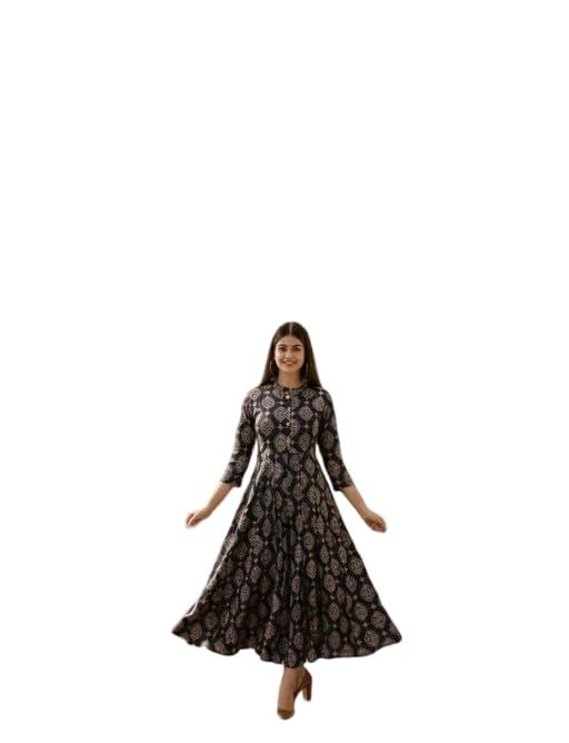 Raj Fashion Women's 3/4th Sleeves Round Neck Floral Printed Calf Length Flared Pleated Ethnic Gown-picture-13