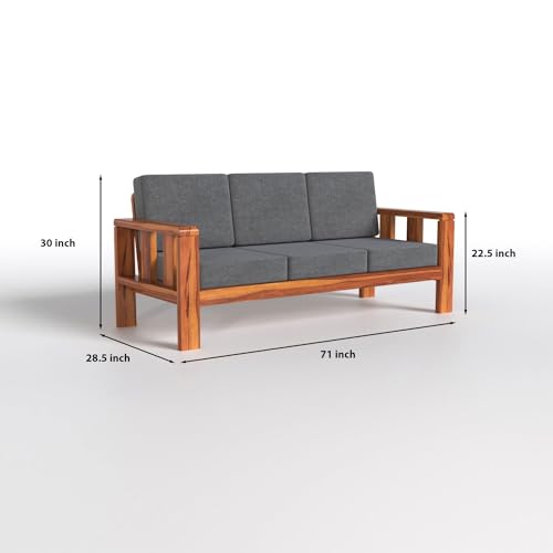 Image of Wooden Sofa Set for Living Room, Office | Solid Wood 5 Seater Sofa with Cushion, 3+1+1 Sofa Set in Natural Teak Finish