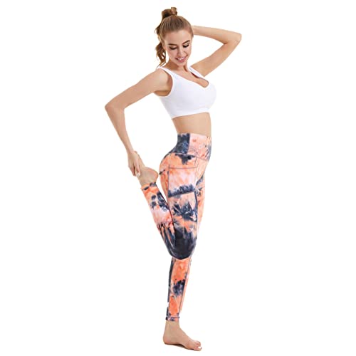 Ccko Leggings With Pockets For Women, Womens Tie Dye Yoga Pants Stretch Workout Leggings High Waisted Tummy Control, Tie Dye 08, L Orange #TOP3