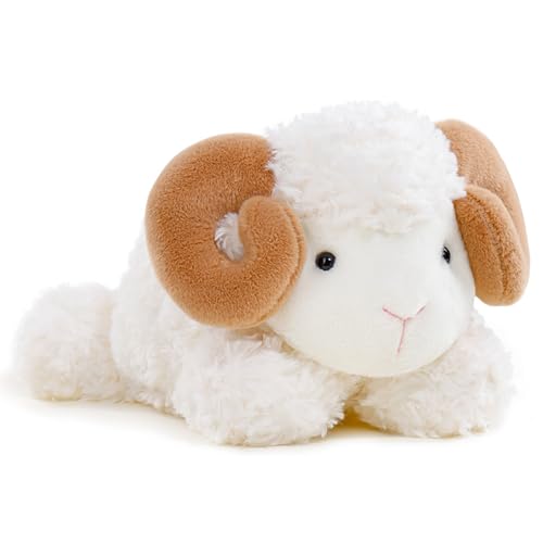 HOMEXYLYL Peluche Chèvre, Mouton en Peluche avec d'Énormes Cornes Oreiller d'agneau Doux et Confortable Joli Cadeau de Fête d'anniversaire pour Garçons et...