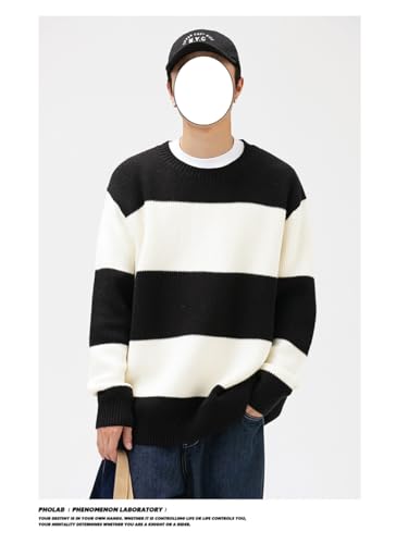 Mens Sweater Oversized Striped - Casual Cable Knitted Pullover Cute Unisex Crewneck Retro Tops4