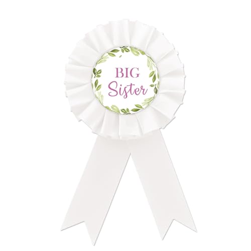 Big Sister Tinplate Badge Pin, White Rosette Big Sister Button for Child's Birthday, Greenery Sister To Be Award Badge Pin, Girl's Birthday/Baby Shower Party Decorations