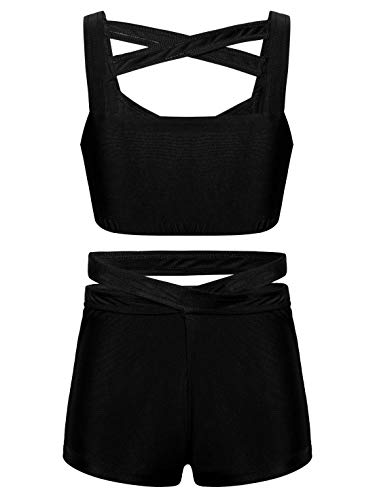 YEAHDOR Kids Girls Two Piece Ballet Jazz Dance Costume Gymnastic Outfit Crop Top with Shorts Dancewear Tank Black 6