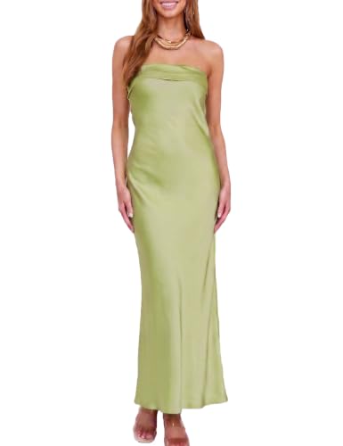 Image of Realtix Summer Satin Strapless Backless Maxi Dress for Women Wedding Guest