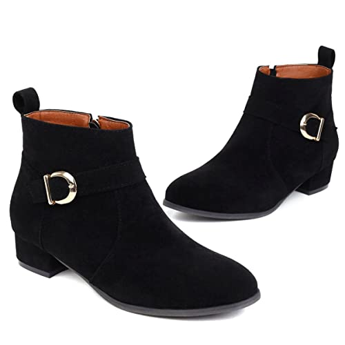 ClassicSter Womens Faux Suede Booties Round Toe Chunky Low Heel Zip Up Ankle Boots with Buckle2