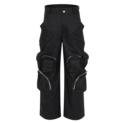 XYXIONGMAO Men's Casual Black Techwear Cargo Pants Baggy Sweatpants Multi-Pocket Streetwear Zipper Elastic Waist for Men