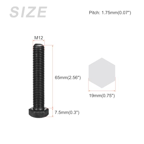 Image of METALLIXITY Hex Bolts (M12-1.75x65mm) 5Pcs, 8.8 Grade Carbon Steel Fully Threaded Black Oxide, Coarse Thread UNC Hex Head Screw Bolt - for Furniture Repair