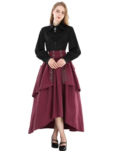 FCCAM Renaissance Skirts for Women 1800s Long Victorian Skirt Double-Layer with Pockets3