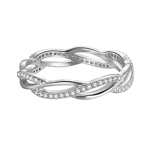 BORUO 925 Sterling Silver Ring, Twisted Infinity Celtic Knot Cubic Zirconia CZ Wedding Band Stackable Ring Size 4-122