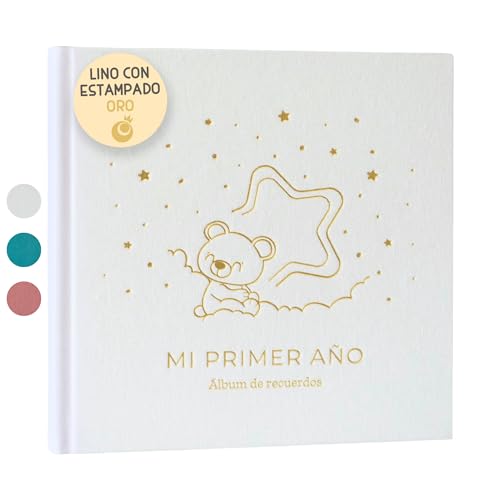 Álbum Fotos bebé meu primeiro ano com capa em tecido linho e 75 páginas - livro lembranças bebé com autocolantes ideal como presente bebé recém-nascido menino e menina presente Baby Shower - álbum