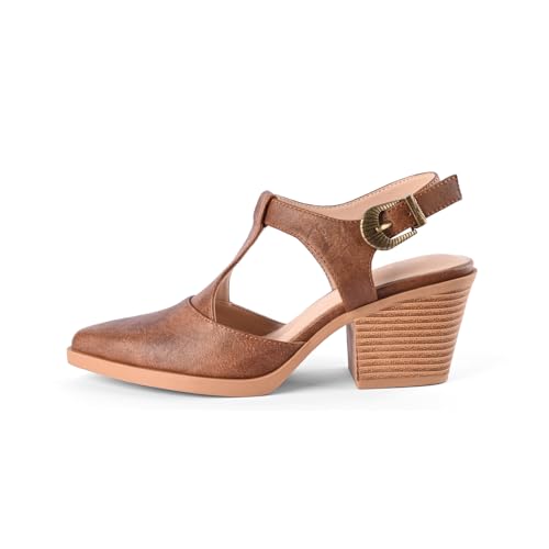 Womens Chunky Block Heels Closed Pointed Toe Ankle T-Strap Pumps Vintage Dress Party Shoes, Brown, Size 7.5