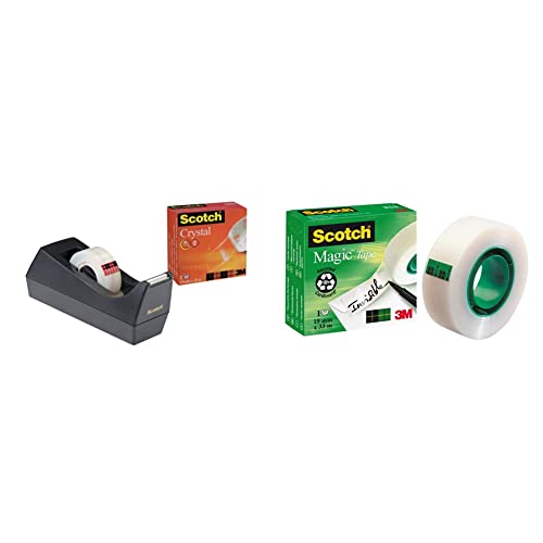 Scotch Klebebandabroller 83980 –Schwarz – Inkl. 1 Rolle Scotch Crystal Klebefilm 19 mm x 10 m & Magic Klebeband – 1 Roll 19mm x 33m - Transparenter & matter Klebefilm für den alltäglichen Gebrauch