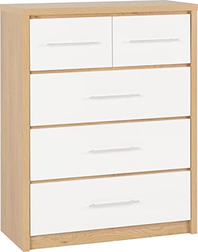 Seconique Seville 3+2 Drawer Chest in White Gloss/Light Oak Effect Veneer