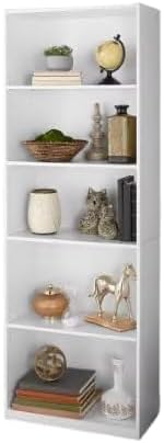 5-Shelf Bookcase, White, Adjustable Shelves, Solid Wood Display Bookshelf for Living Room and Office (White)