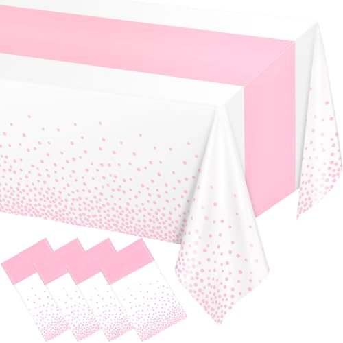 Image of WNINK 4 Pack White and Light Pink Tablecloths, Light Pink Disposable Plastic Waterproof Table Cover, 54 inch x 108 inch, for Birthday, Baby Shower，Wedding, Bridal Shower, Picnic Camping Parties