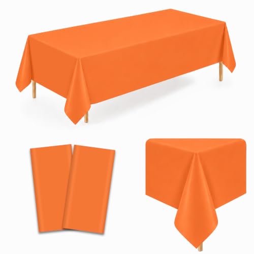 Image of WNINK 2 Pack Orange Plastic Tablecloths, 54 x 108 Inch Disposable Covers | Ideal for Halloween, Thanksgiving, Birthdays and Fall Parties, Helping Protect Tabletops from Spills and Simplify Cleanup