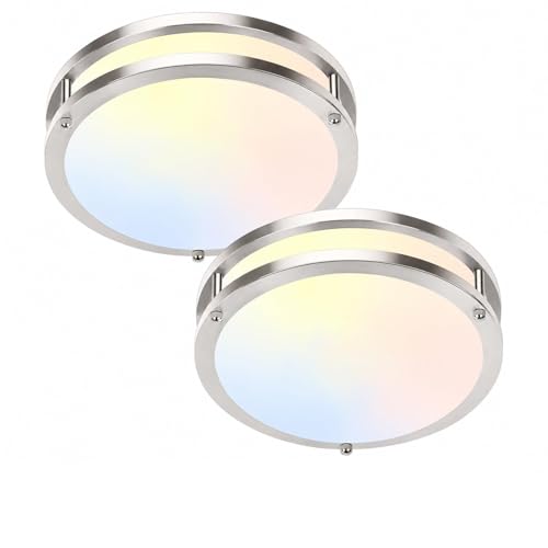 Image of 2-Pack 10Inch Flush Mount Ceiling Lights, 30W 3200lm Super Bright LED 2700K /3000K /4000K /5000K /6500K Adjustable Dimmable Ceiling Light, Brushed Nickel Light Fixture for Closet Kitchen Hallway Bathroom