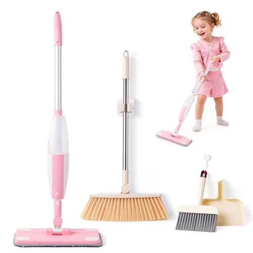 Toddler Gifts Cleaning Toy Sets, Real Working Water-Spraying Mop Toy & Kids Broom Dustpan Set, Montessori Mini Kids Spray Mop, Toddler Cleaning Set for Floor, Christmas Birthday Gifts for Age 3+
