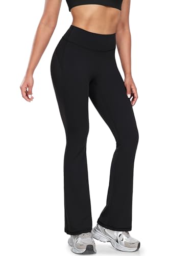 icyzone Women's High Waist Flare Yoga Pants Soft Comfy Tummy Control Workout Bootcut Wide Leg Leggings (Black, S)