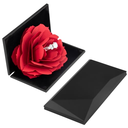 Image of wonuu Engagement Ring Box,Ring Rose Box Surprise Jewelry Storage Holder for Woman as Proposal Engagement Wedding Ring Jewelry Gift ect. (Rhombus Shaped-Black)