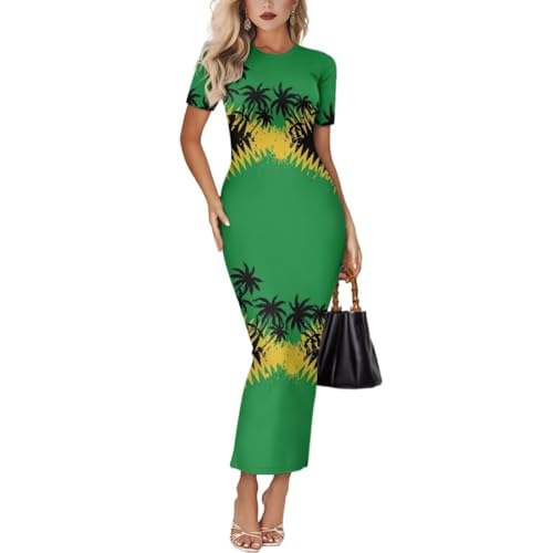Image of Womens Short Sleeve Jamaican Flag Midi Bodycon Dress