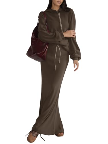 EXLURA Women 2 Piece Skirt Sets Fall Long Sleeve Hoodies Matching Long Dress Sweatsuits Lounge Set Travel Outfits Winter 2025