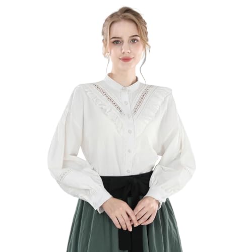 Nuoqi Victorian Blouse for Women Cotton Renaissance Shirt Long Sleeve Vintage Top