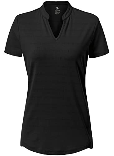 Gopune Women's V Neck Golf Polo Shirts Collarless Short Sleeve Lightweight Quick Dry Tennis Running T-Shirts Black,M