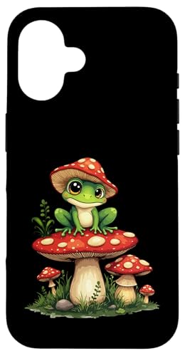 Frog on Mushroom Cartoon Aesthetic Art Carcasa para iPhone 16