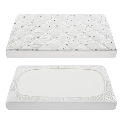 Image of TILLYOU Pack and Play Sheets for Toddler Mattress, Mini Crib Sheets Fitted Up to 3" Deep, Breathable and Soft fit 39"x27", The Little Sun
