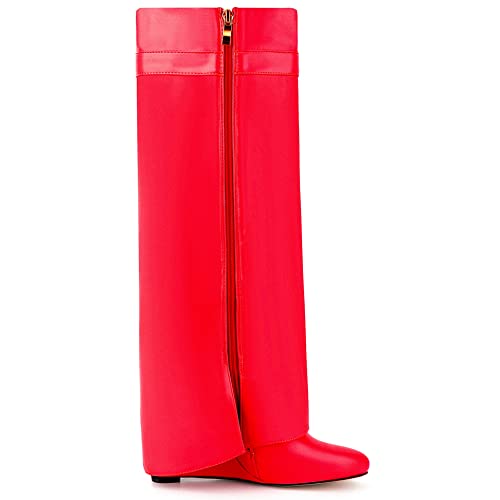 Image of Fold Over Knee High Boots for Women Pointy Pull-on Wedge Heel Knee Shark Boot With Side Zipper Covered Wedge Heel Padlock Boot