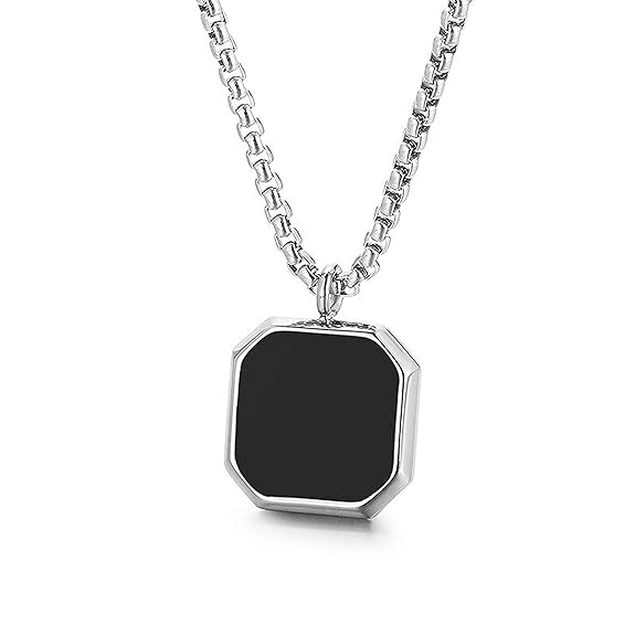 OMVYA Black Square Stone Pendant Necklace for Men | Stainless Steel Geometric Locket with Silver Box Chain | Anti-Tarnish Aesthetic Jewellery for Boys | Stylish Gift for Boyfriend (Pack of 1)-image-28